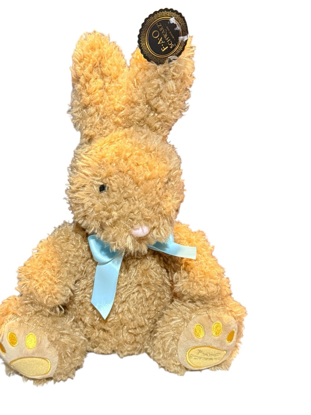 FAO Schwarz Tan Plush Bunny with Blue Ribbon Accent